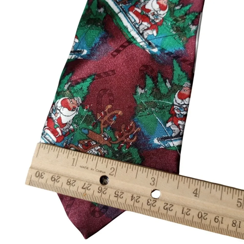 Sabatini Hallmark Mens Christmas Tie Santa Reindeer Fishing Burgundy Polyester